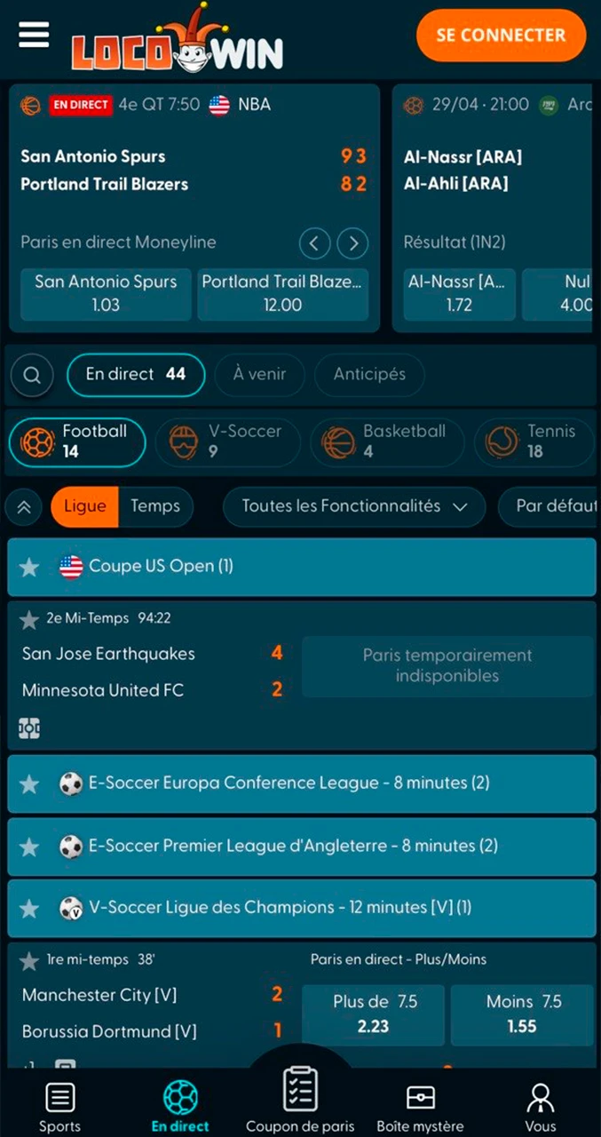 Interface de paris sportifs en direct sur Locowin.