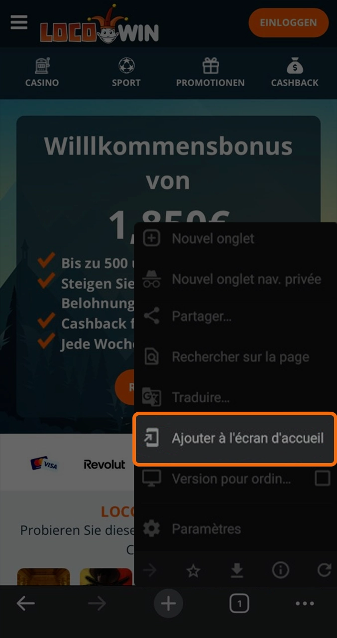 Étape pour fixer l'application Locowin sur votre mobile.
