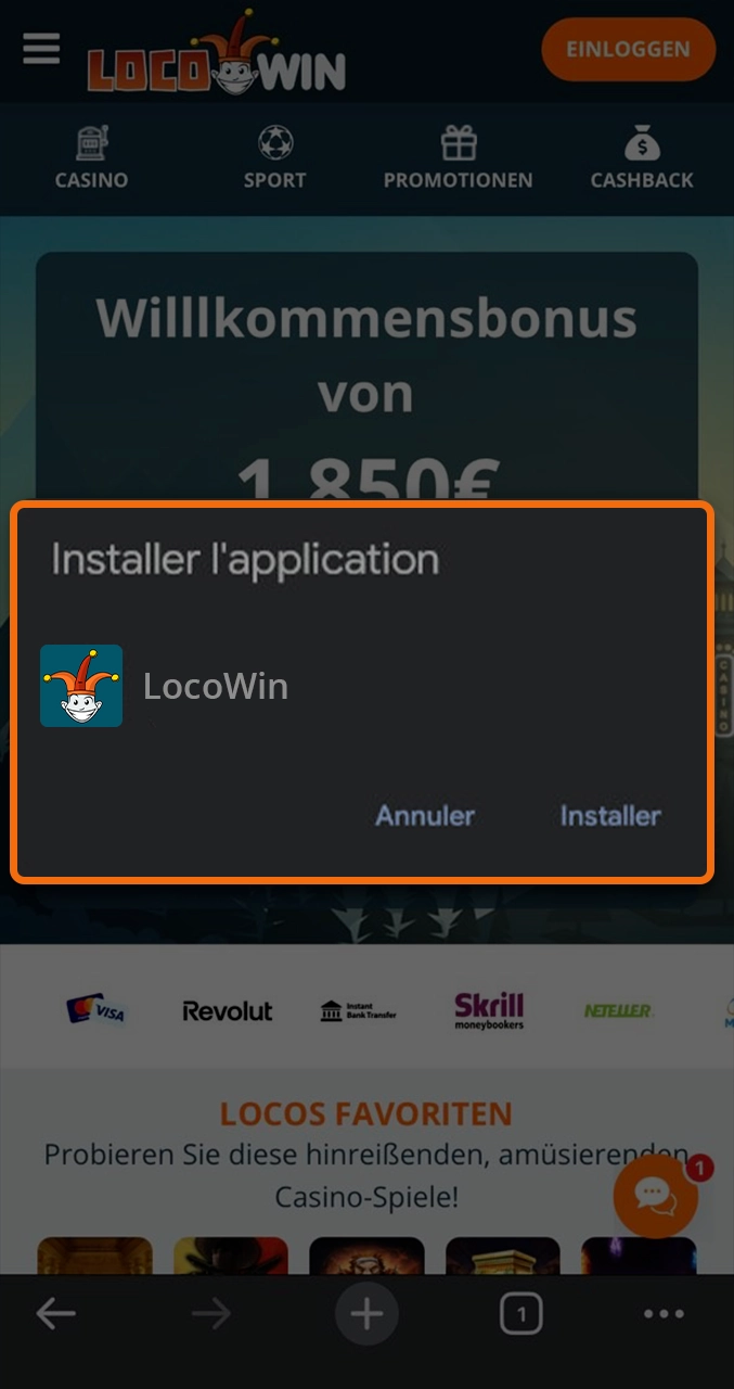 Validation finale du téléchargement de l'application Locowin.