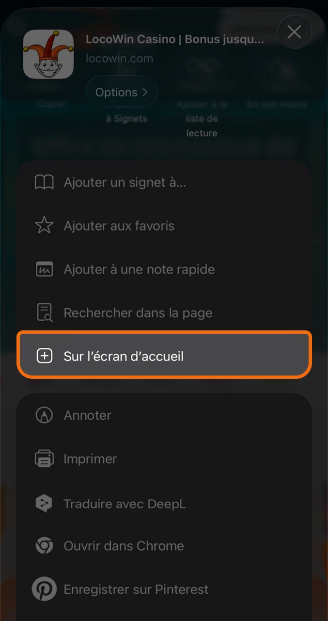 Étape pour fixer l'application Locowin sur votre mobile.
