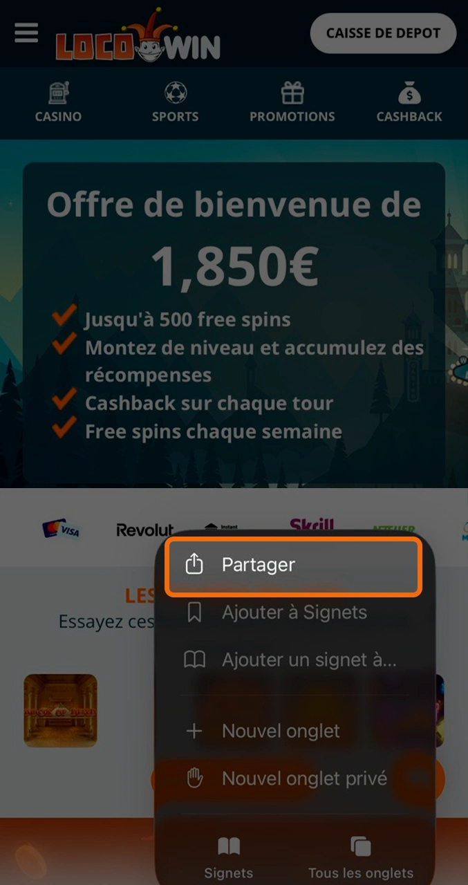 Utilisez le menu de partage pour installer Locowin.