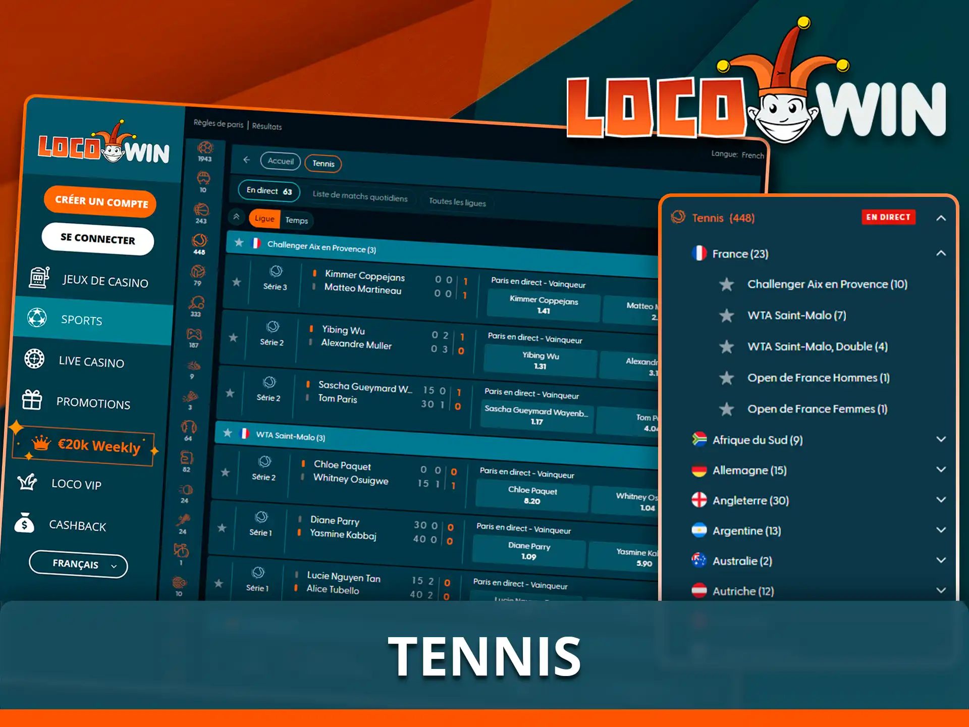 Mises en direct sur les tournois de tennis chez Locowin.