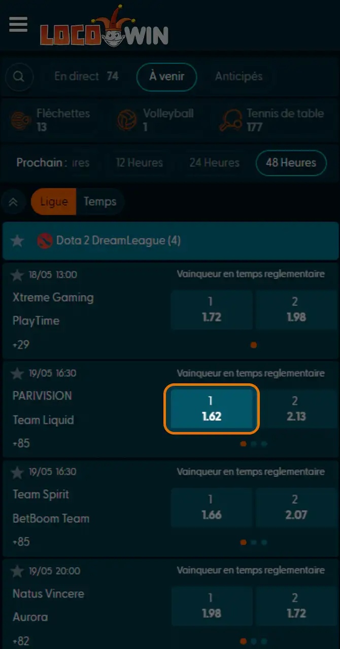 Choisissez votre match Dota 2 pour parier.