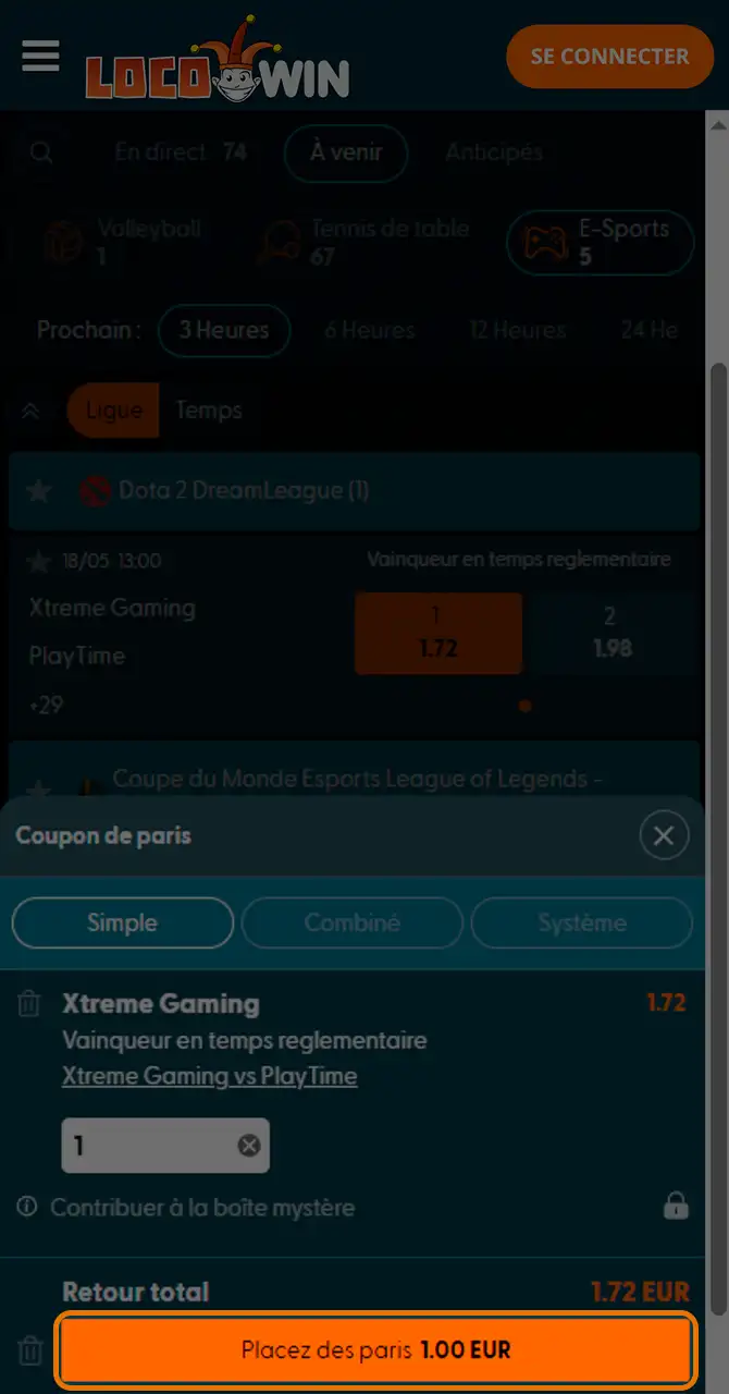 Confirmez et suivez votre pari e-sport.