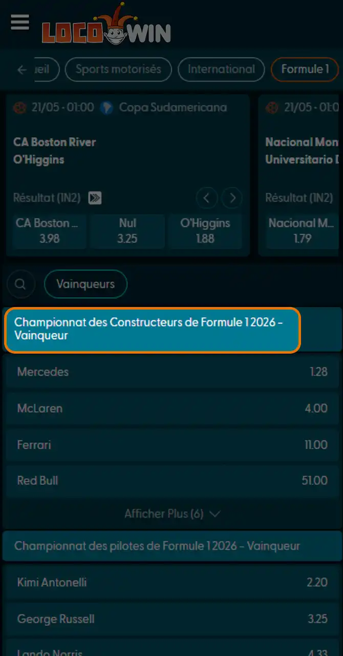 Choisissez votre marché Formule 1 sur Locowin.
