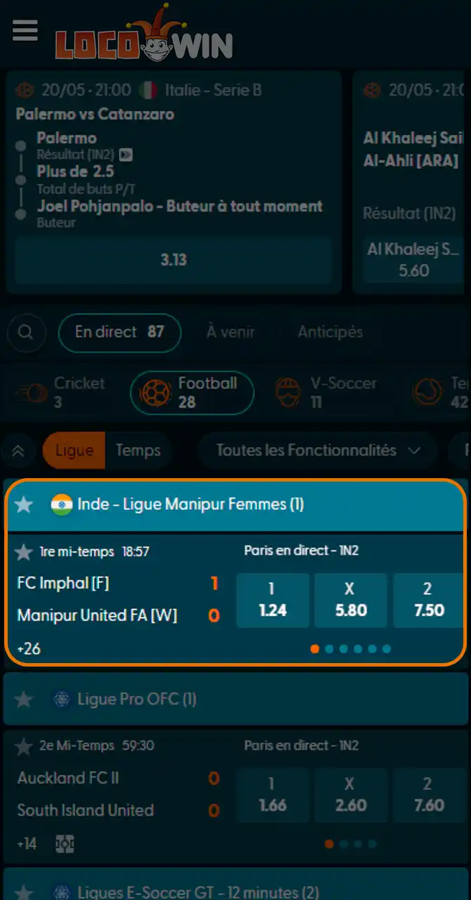 Choisissez un match football sur Locowin.