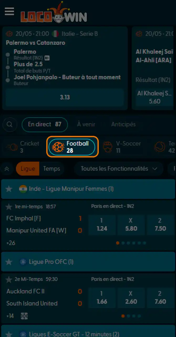 Sélectionnez votre compétition football sur Locowin.